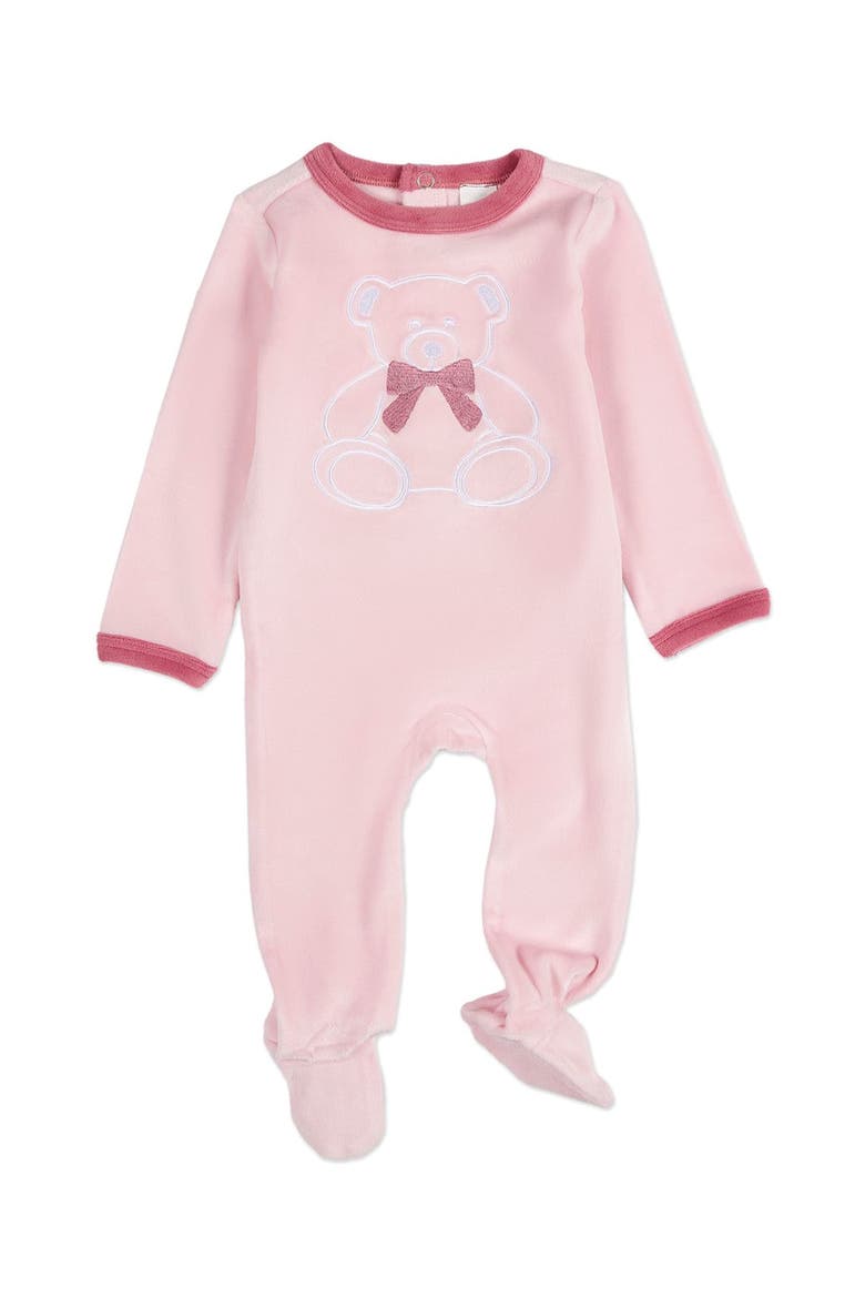 Teddy Snuggles Embossed Cotton Velour Footie, Main, color, Pink