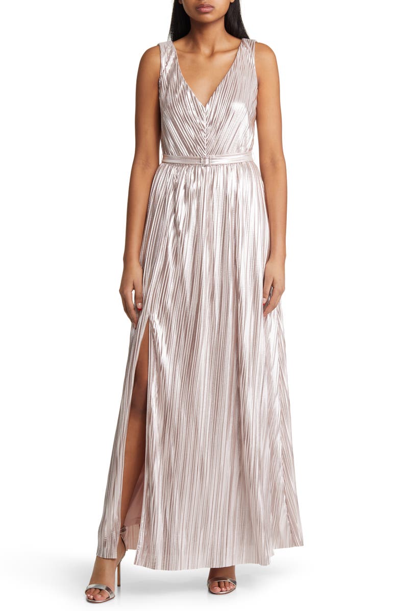 Eliza J Metallic Stripe Sleeveless Gown, Main, color, 