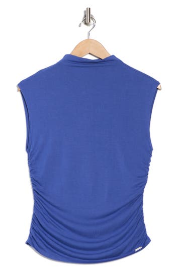 T Tahari Ruched Mock Neck Top In Blue