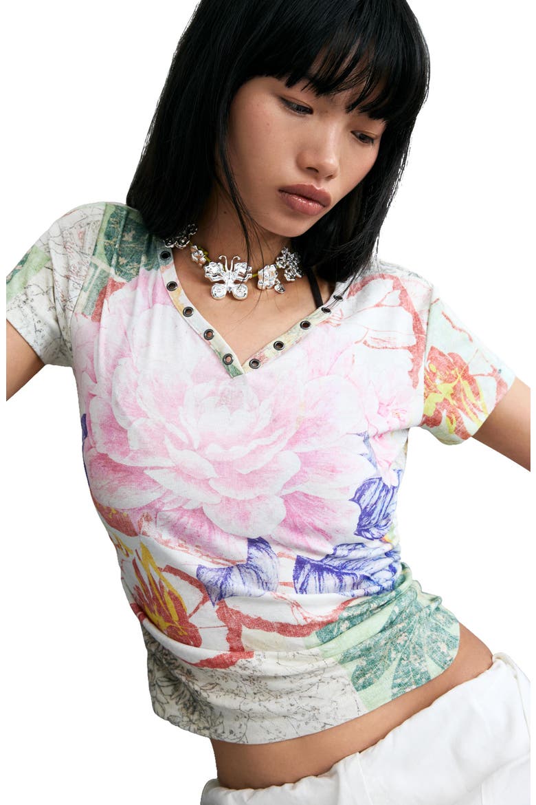 Floral V-Neck Cotton Jersey Top, Alternate, color, MULTI