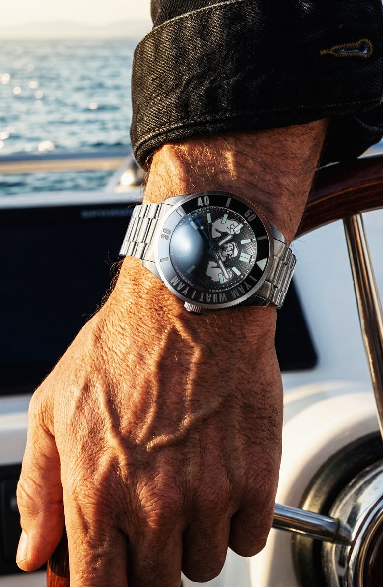 SPINNAKER x Popeye Forearm Fury Piccard Automatic Bracelet Watch, 45mm, Alternate, color, Black