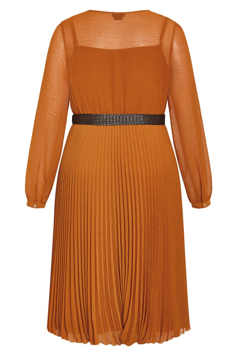 Emberly Pleated Long Sleeve Belted Midi Dress, Alternate, color, TOFFEE