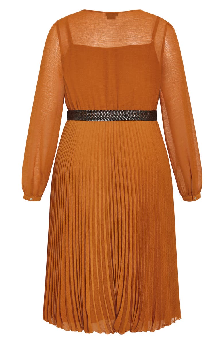 City Chic Emberly Pleated Long Sleeve Belted Midi Dress, Alternate, color, Toffee