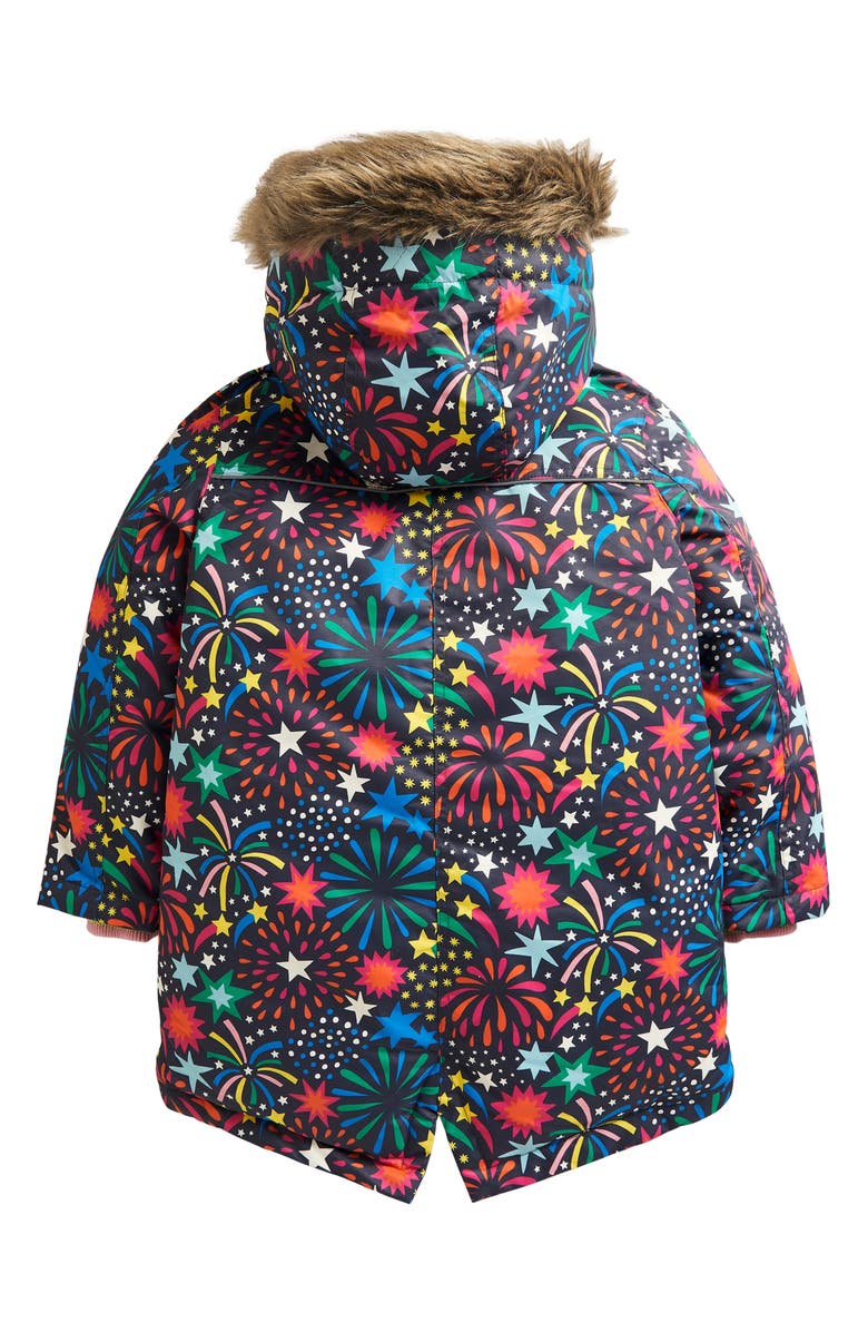 Mini Boden Kids' Rainbow Faux Fur Trim Waterproof Parka, Alternate, color, 