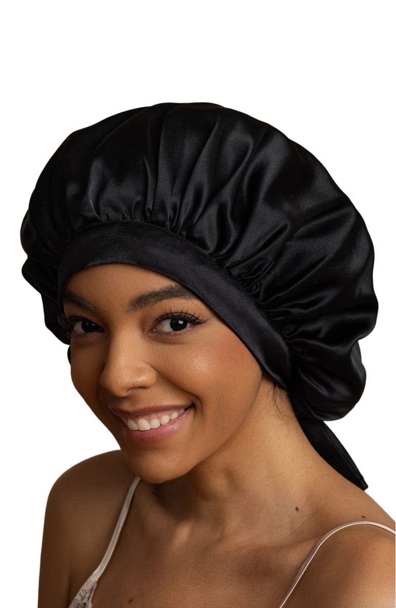SILKSILKY Women's Mulberry Silk Bonnet with Long Ribbons, Alternate, color, Black