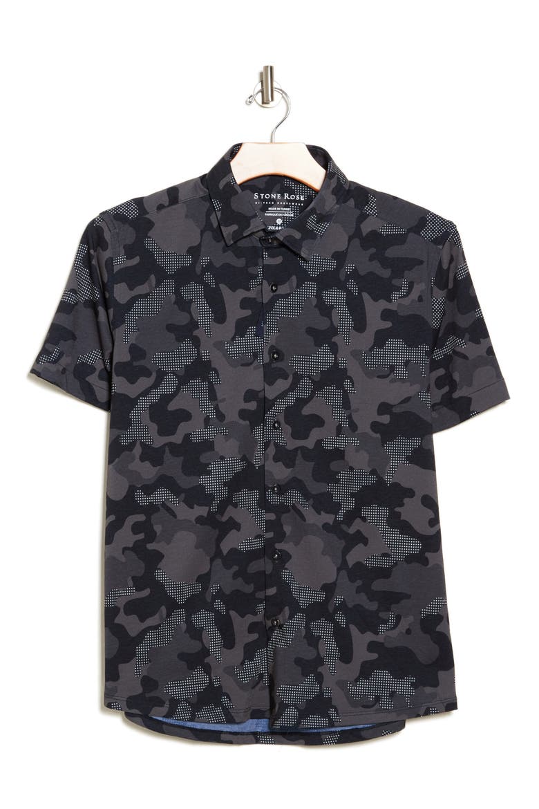 DRYTOUCH® Performance Camo Print Short Sleeve Button-Up Shirt, Alternate, color, BLACK