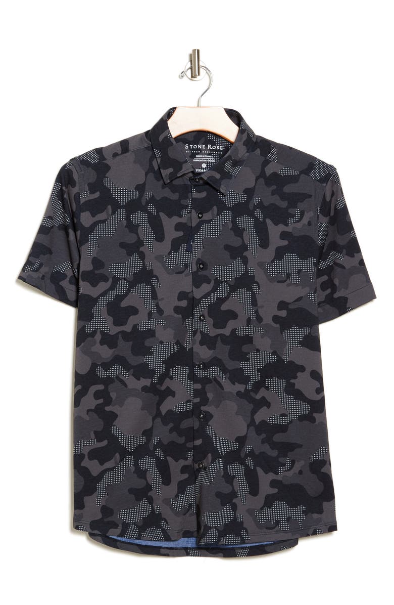 Stone Rose DRYTOUCH<sup>®</sup> Performance Camo Print Short Sleeve Button-Up Shirt, Alternate, color, Black