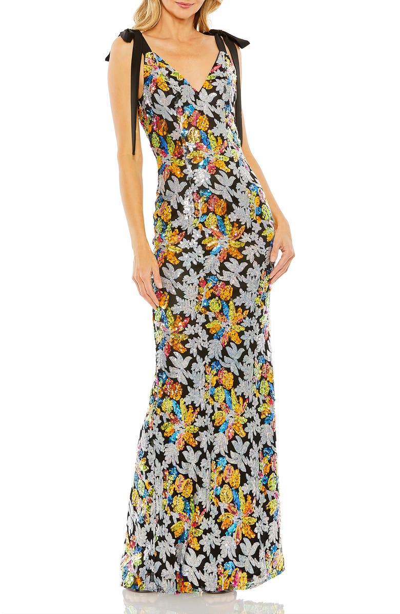 Mac Duggal Embellished Bow Strap V Neck Column Gown, Main, color, Multi