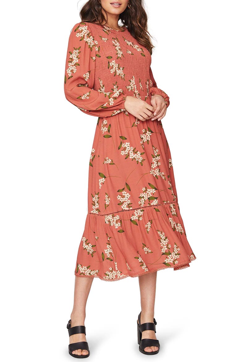 Champagne At the Palace Floral Smocked Long Sleeve Midi Dress, Alternate, color, AMBER MULTI