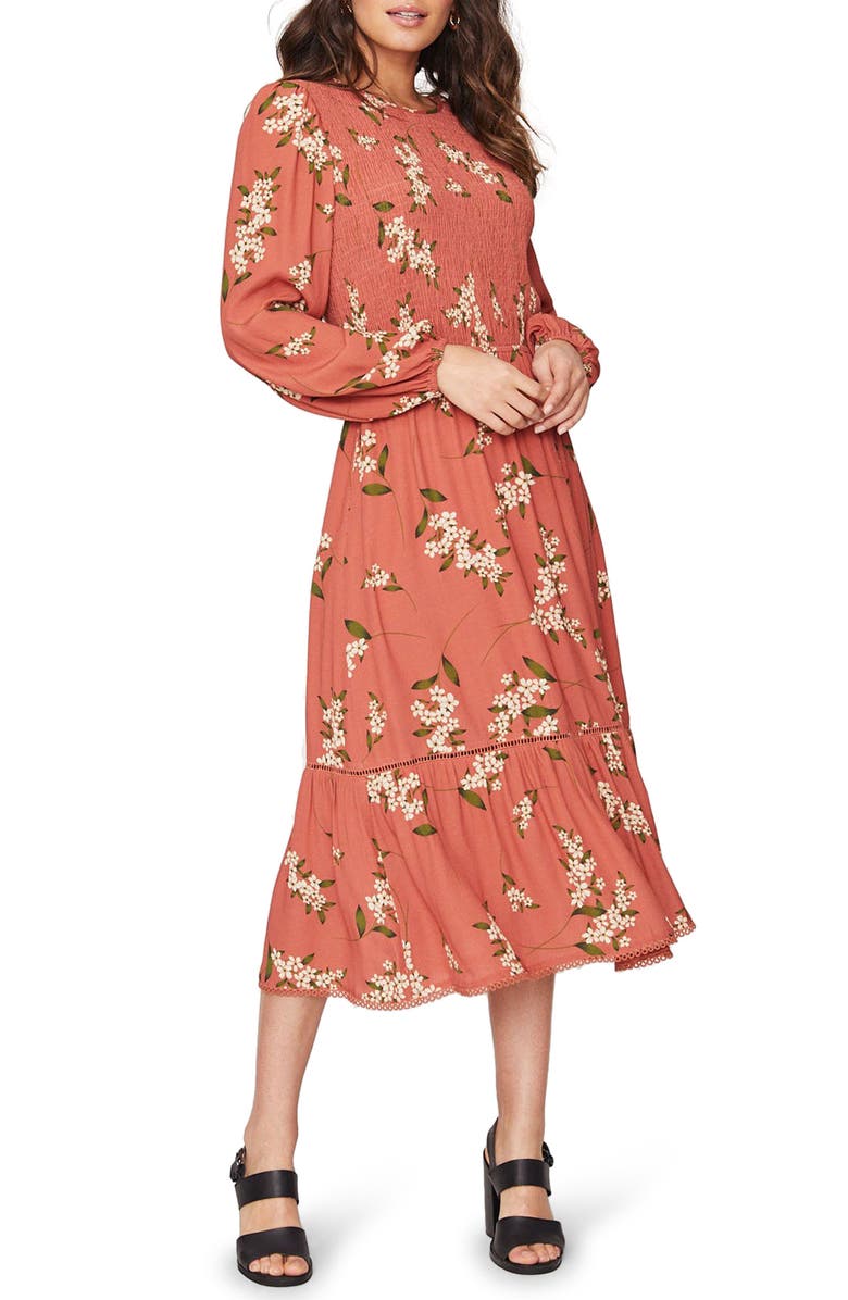 Lost + Wander Champagne At the Palace Floral Smocked Long Sleeve Midi Dress, Alternate, color, 