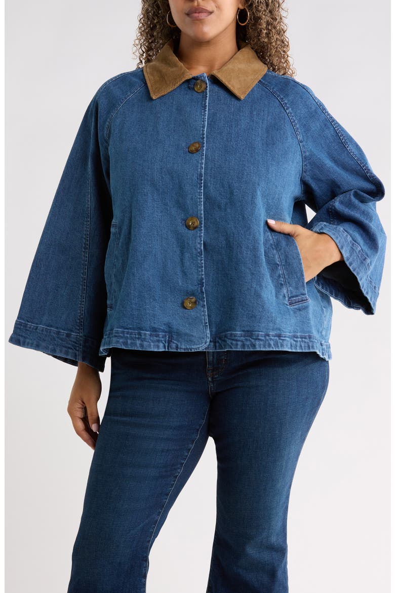 Swing Cropped Denim Trench Coat, Alternate, color, MEDIUM WASH