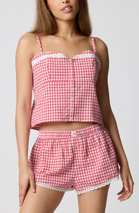 Lace Trim Gingham Crop Stretch Cotton Camisole