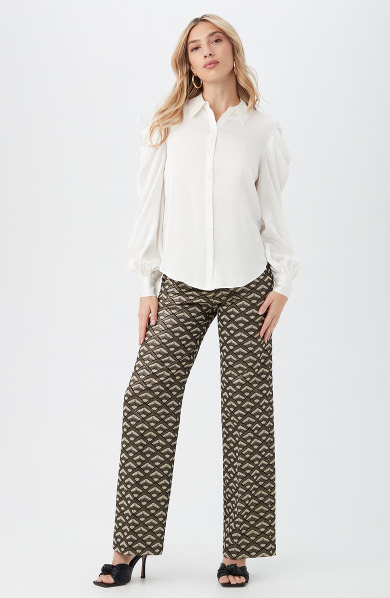 Trina Turk Bashira Pleated Puff Sleeve Silk Blend Button-Up Shirt, Alternate, color, Winter White