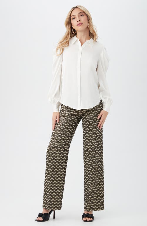 Trina Turk Bashira Pleated Puff Sleeve Silk Blend Button-up Shirt In Winter White
