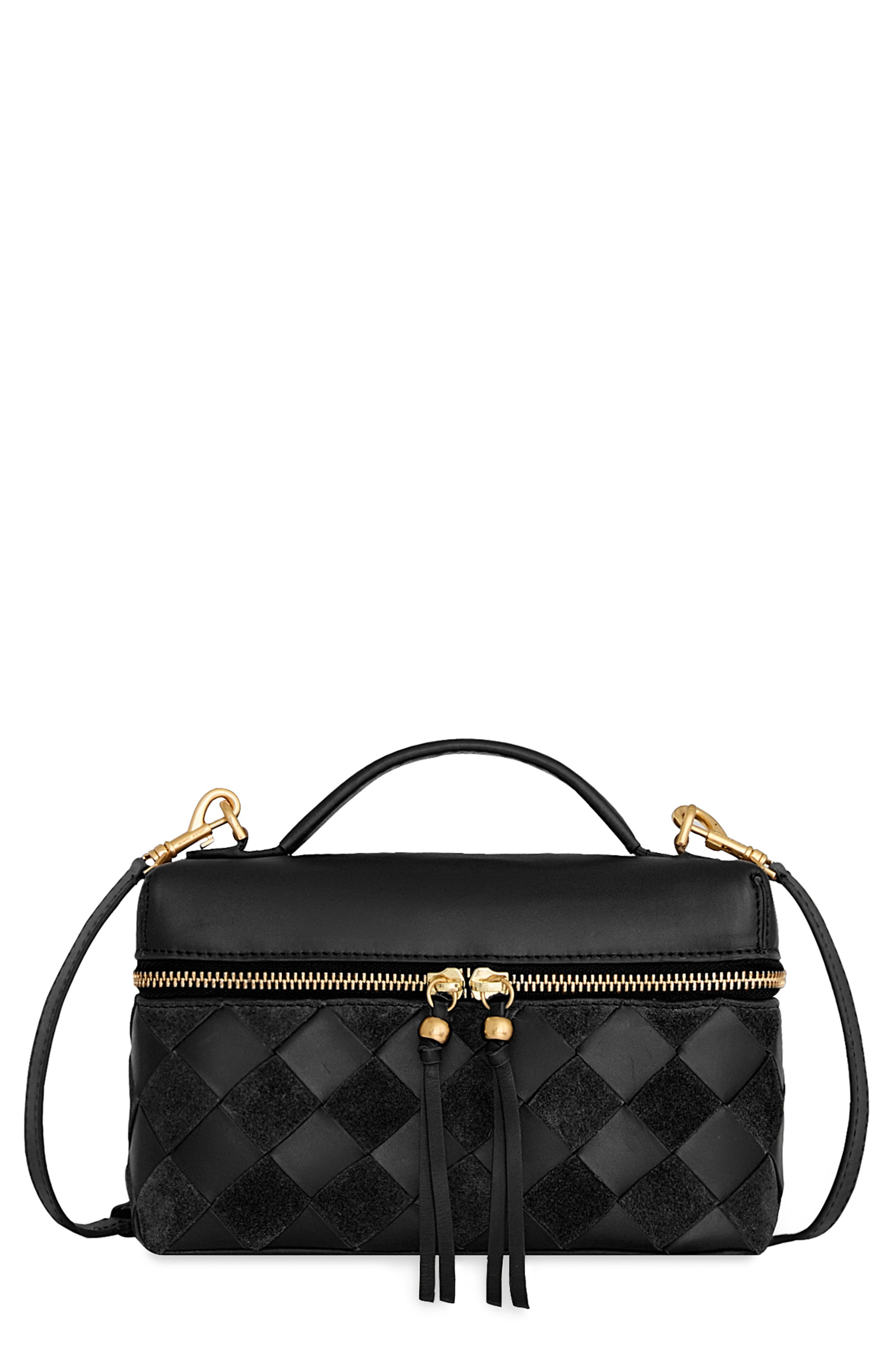 Rebecca Minkoff Frankie Woven Leather Train Case, Main, color, Black