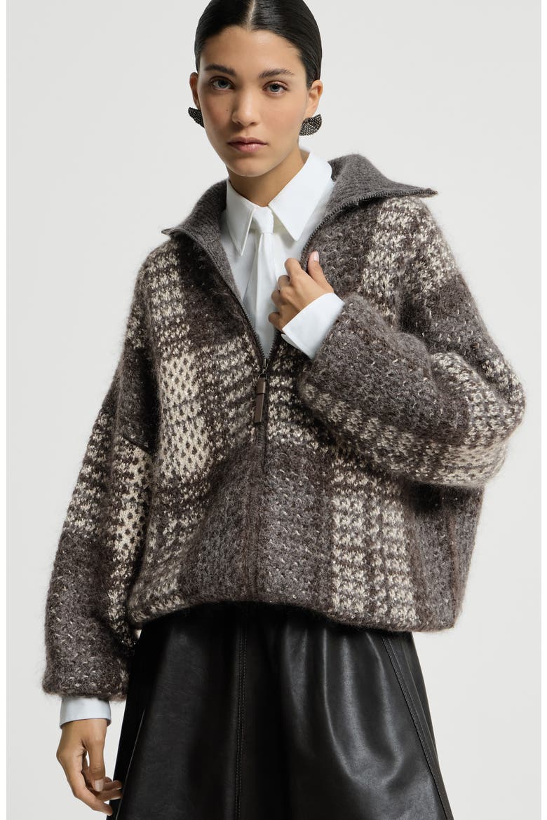 Dazzling tartan double knit outerwear jacket in mohair, virgin wool and cashmere with shiny zipper pull, Alternate, color, Anthracite