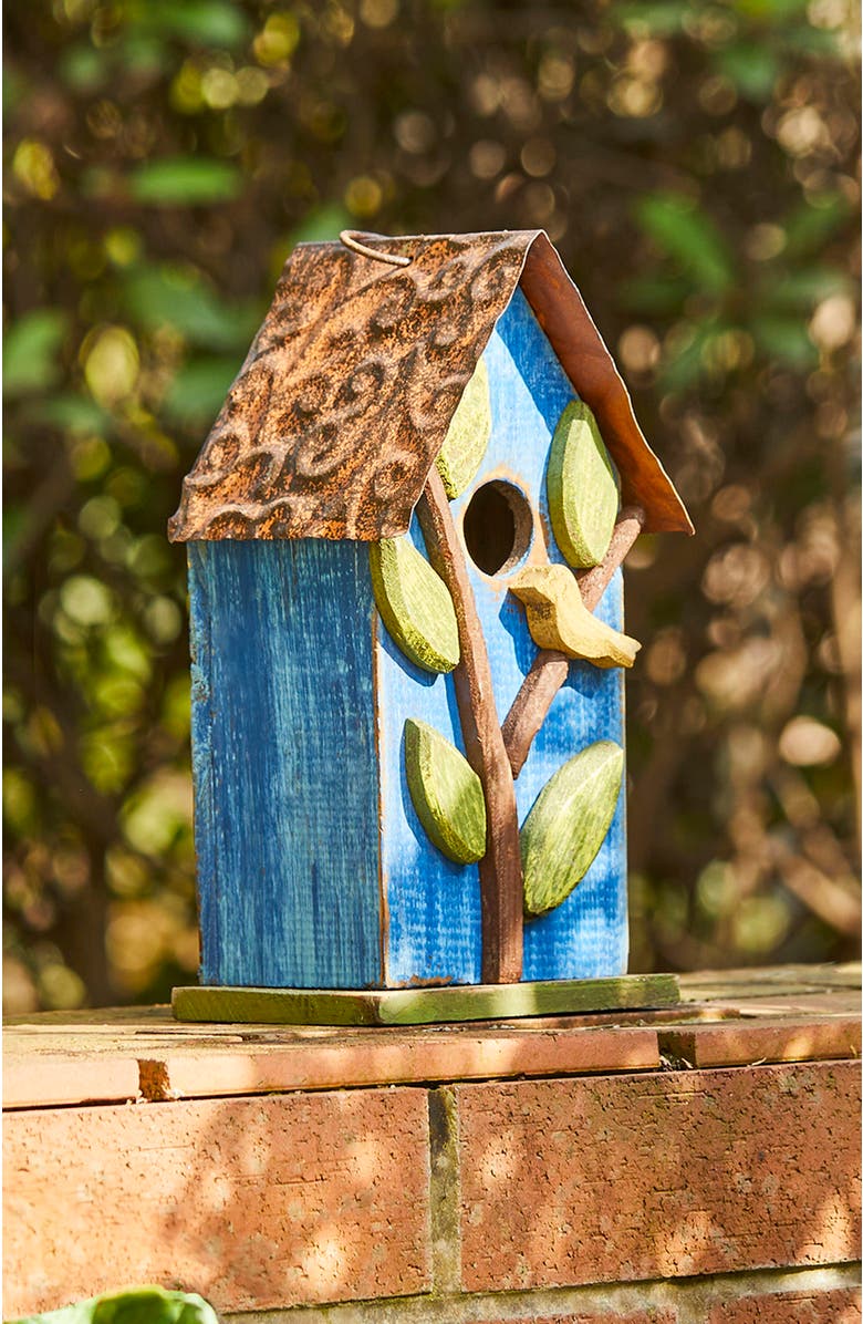 Glitzhome 10"H Multicolor Cute Distressed Solid Wood Birdhouse with 3D Flowers, Alternate, color, Blue
