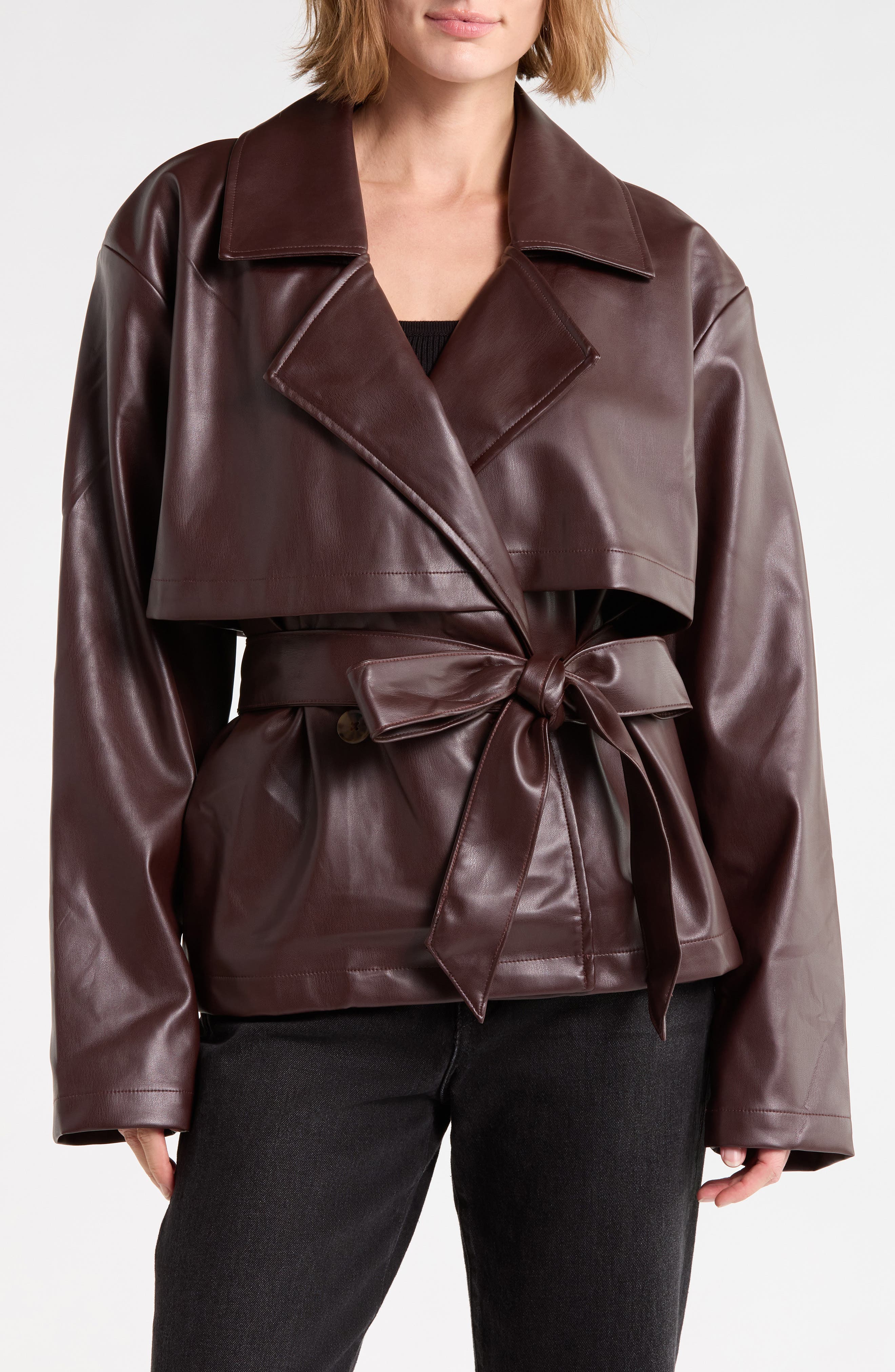 Faux Leather Cropped Trench Jacket