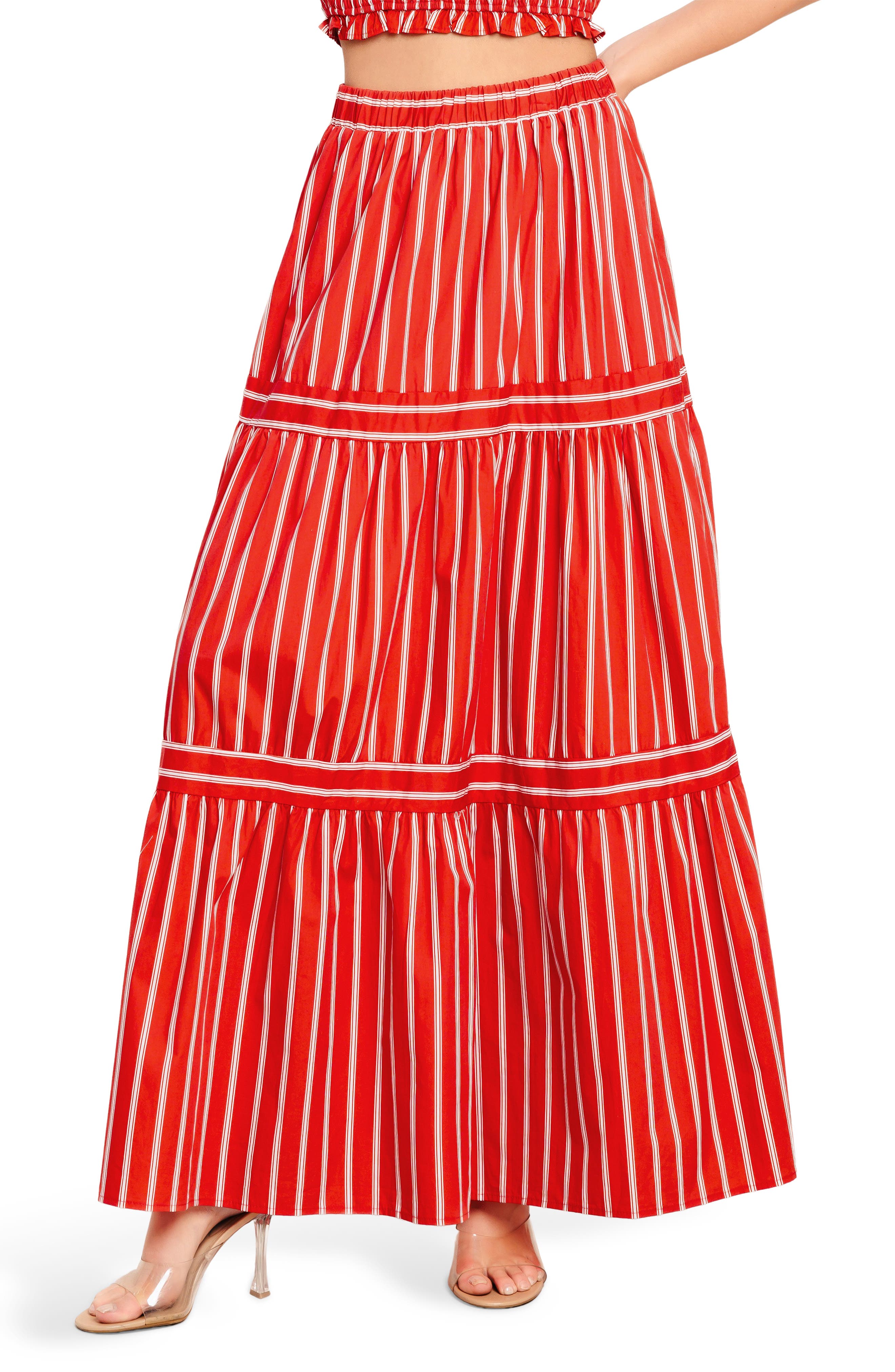 FLYING TOMATO Stripe Tiered Cotton Maxi Skirt