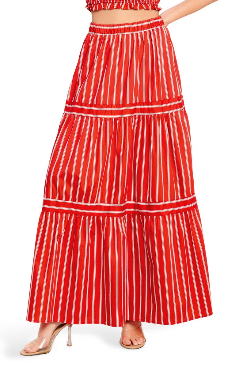 FLYING TOMATO Stripe Tiered Cotton Maxi Skirt, Main, color, Red/ White