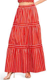 FLYING TOMATO Stripe Tiered Cotton Maxi Skirt