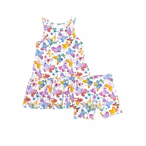 Norani Kids Organic Drop Waist Dress With Matching Biker Shorts In Butterflies