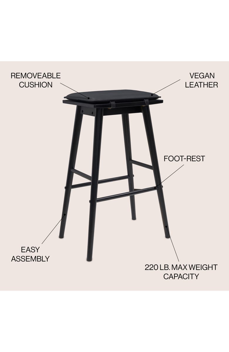 JONATHAN Y Peroni Classic Saddle-Seat Solid Wood/Vegan Leather Backless Stool with Removeable Cushion, Alternate, color, Black (26" Counter Stool)
