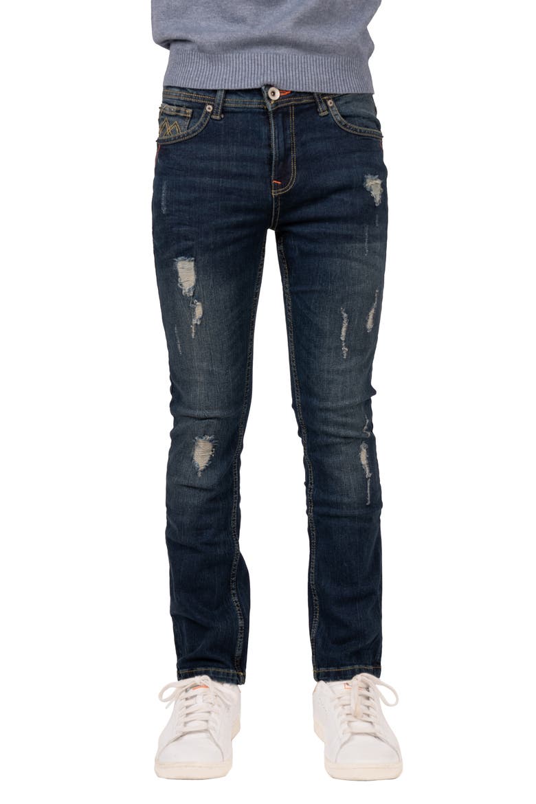 Kids' Raw X Rip & Repair Distressed Neon Stitch Jeans, Main, color, INDIGO