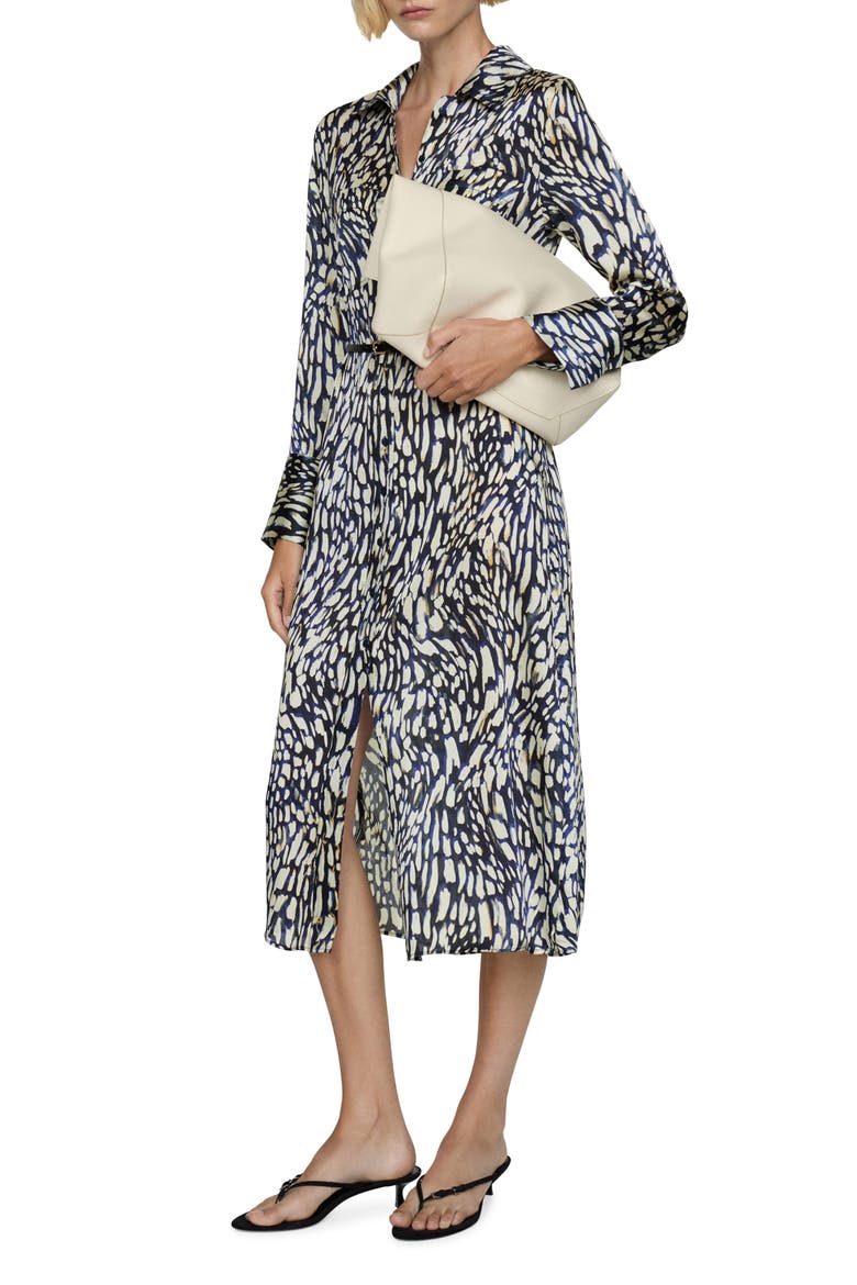 Belted Long Sleeve Satin Shirtdress, Main, color, BLUE/WHITE