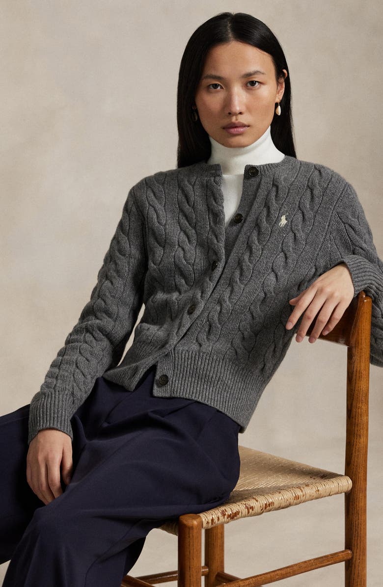 Polo Ralph Lauren Cable Wool & Cashmere Cardigan, Alternate, color, Flannel Grey Heather