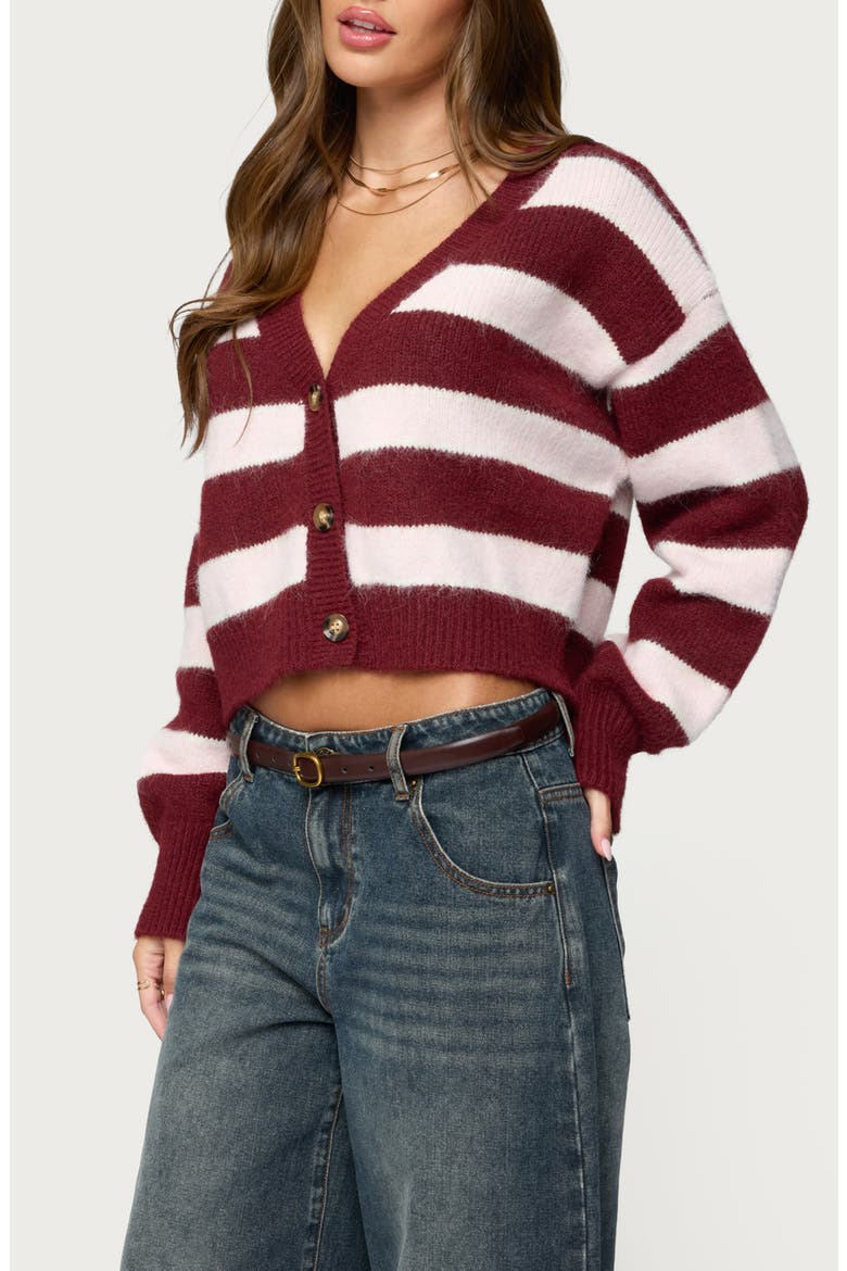 Kaz Stripe V-Neck Cardigan, Alternate, color, BURGUNDY