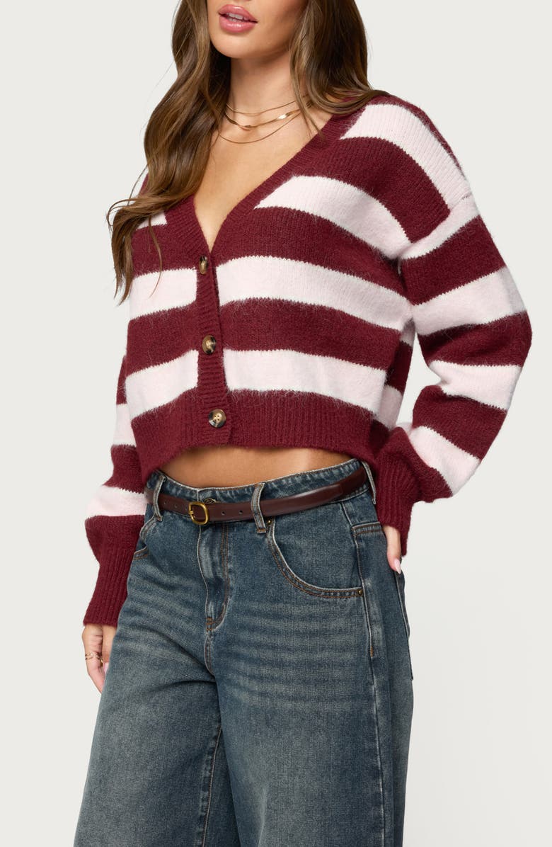 EDIKTED Kaz Stripe V-Neck Cardigan, Alternate, color, Burgundy