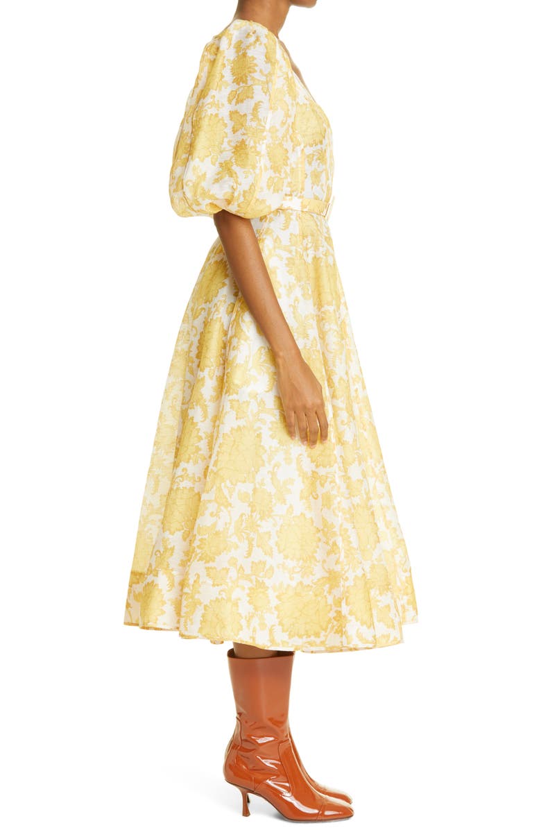 Zimmermann Postcard Puff Sleeve Belted Linen & Silk Midi Dress, Alternate, color,