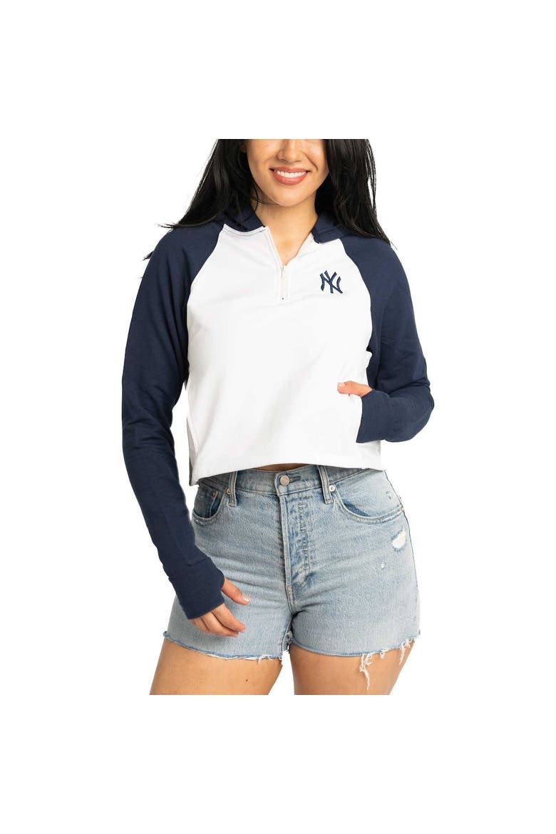 Women's Lusso White New York Yankees Jane Raglan Quarter-Zip Tri-Blend Cropped Pullover Hoodie, Alternate, color, White