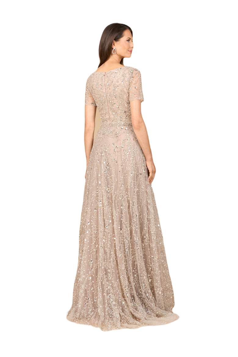 Short Sleeve V-Neck Beaded Ballgown, Alternate, color, Blush