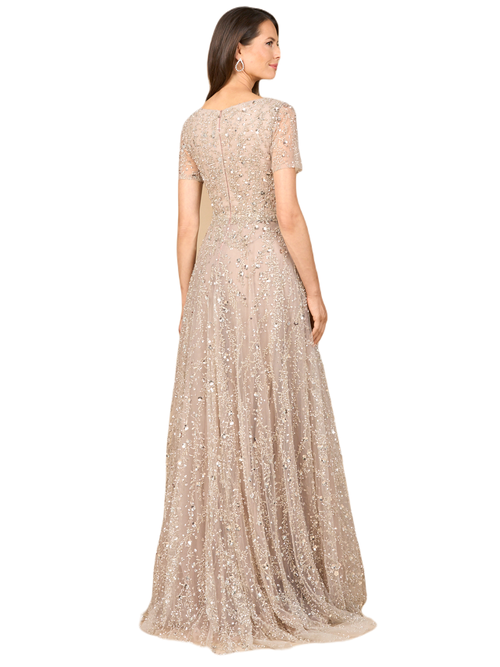 Lara New York Short Sleeve V-neck Beaded Ballgown In Blush