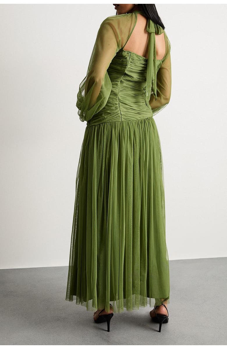 Warehouse Bow Detail Gathered Tulle Maxi Dress, Alternate, color, Green