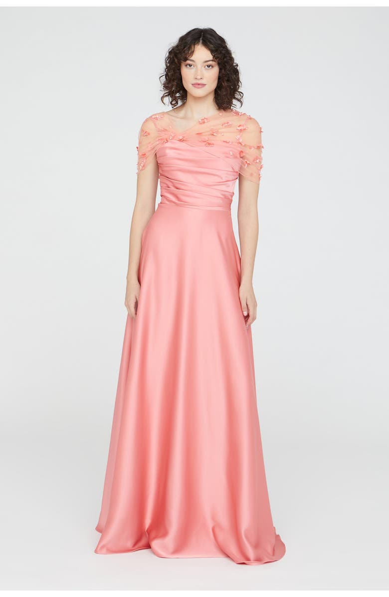 Theia Luella Shawl Draped Gown, Main, color, Sugar Coral