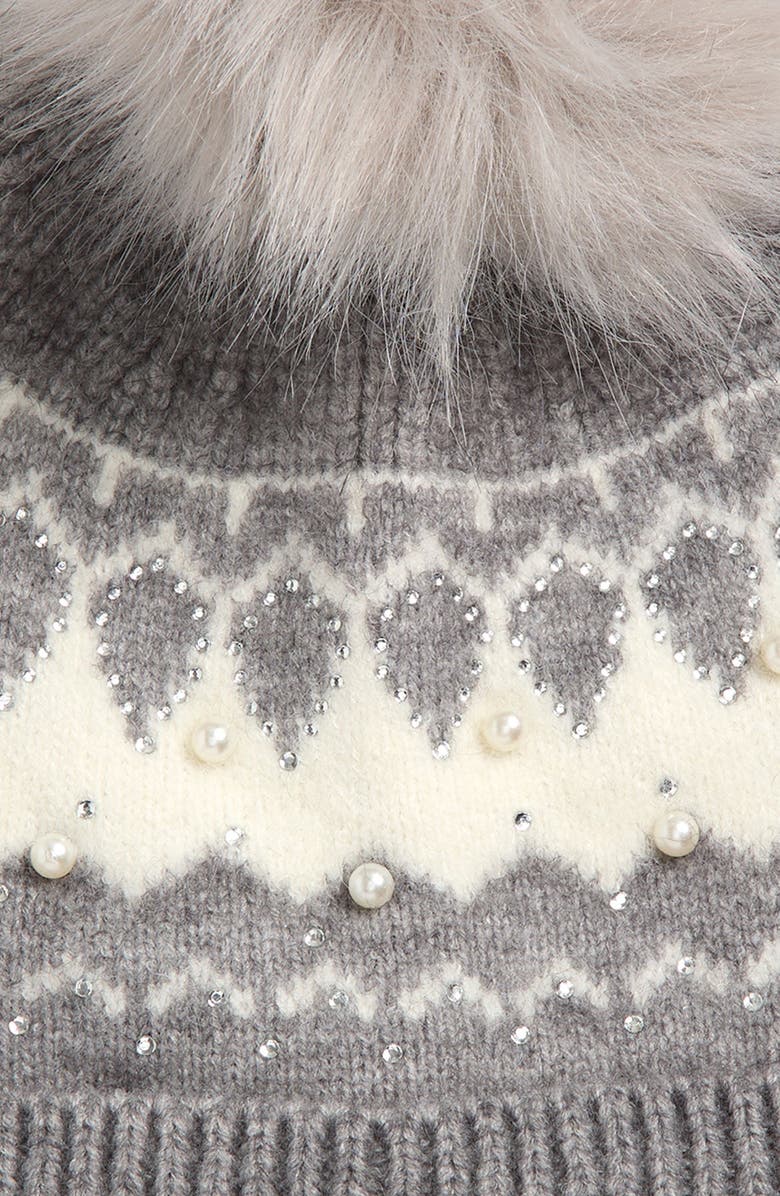 The Accessory Collective Kids' Embellished Fair Isle Pom Beanie, Alternate, color, Grey