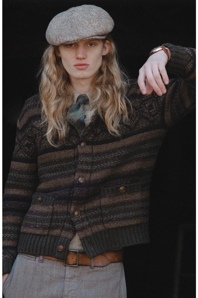 Textured Stripe Cowl Neck Wool & Cotton Cardigan, Alternate, color, BROWN OLIVE MULTI