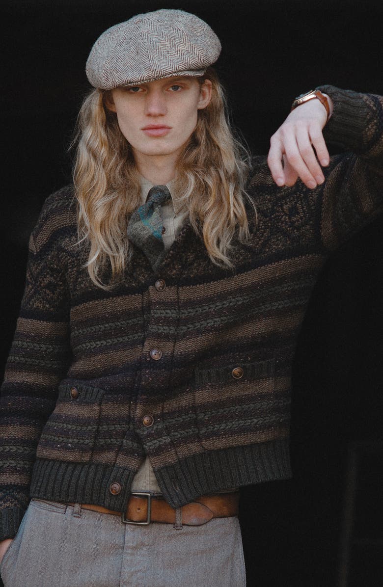 Double RL Textured Stripe Cowl Neck Wool & Cotton Cardigan, Alternate, color, Brown Olive Multi