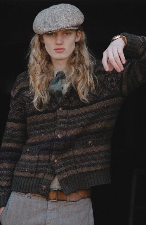 Double Rl Textured Stripe Cowl Neck Wool & Cotton Cardigan In Black