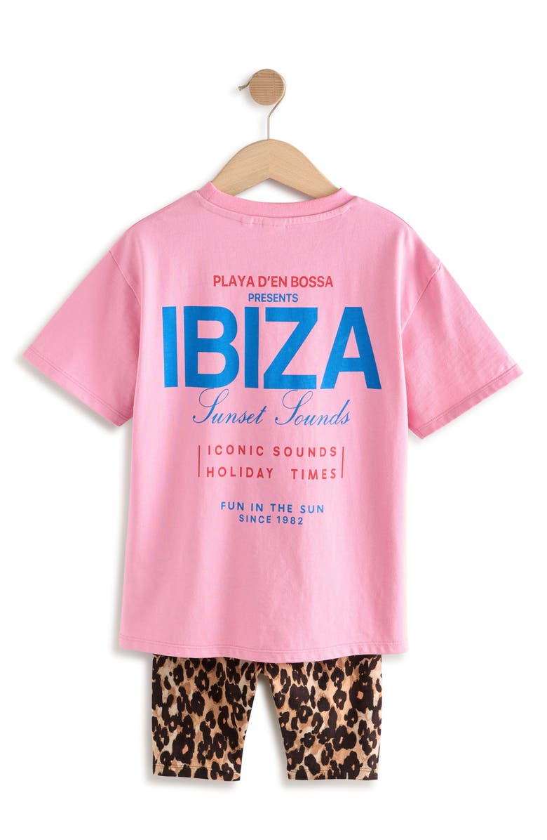 NEXT Kids' Ibiza Oversize Graphic T-Shirt & Leopard Print Bike Shorts Set, Alternate, color, Pink