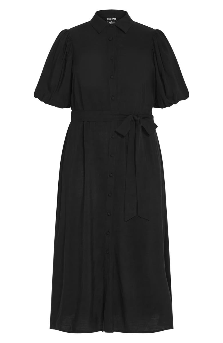 City Chic Freya Puff Sleeve Tie Belt Shirtdress, Alternate, color, Black