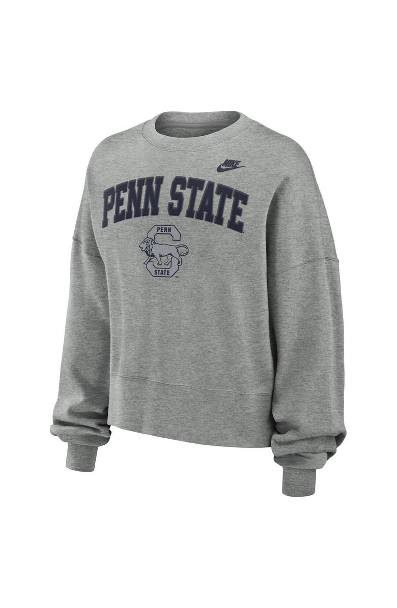 Nike Women's Nike Heather Gray Penn State Nittany Lions Legacy Fleece Classic Arch Oversized Cropped Tackle Twill Sweatshirt, Alternate, color,