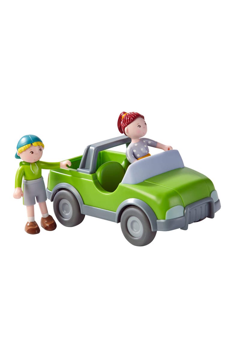 HABA Little Friends Out and About Playset with 2 Toy Figures and Green Momentum Motor Vehicle, Alternate, color, 