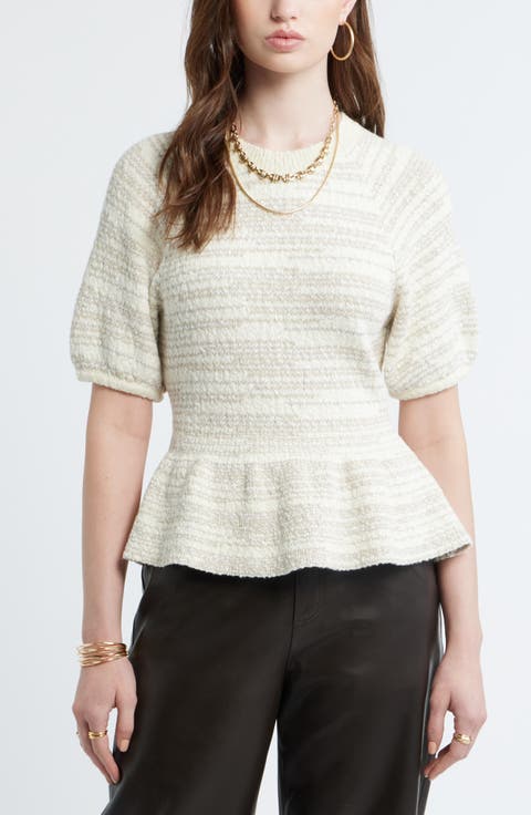 Space Dye Puff Sleeve Cotton Peplum Sweater