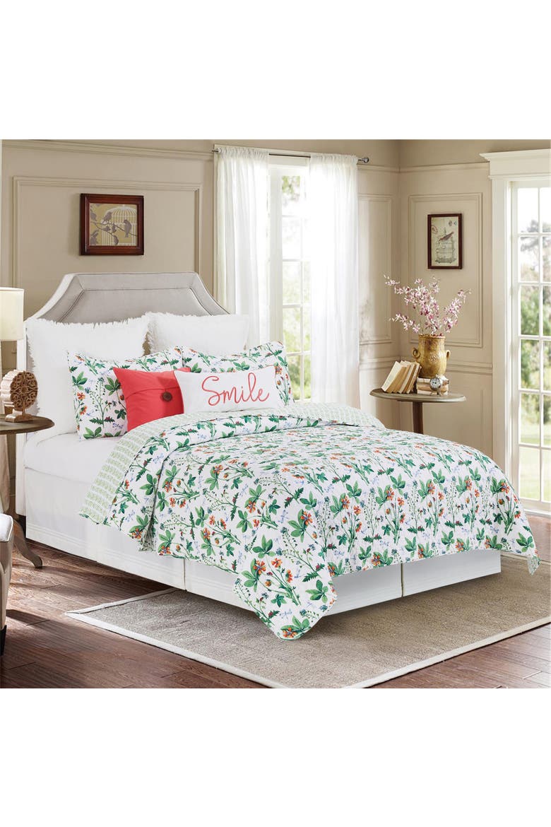 Clover Bug Spring Floral Cotton Quilt Set  - Reversible and Machine Washable, Alternate, color, Green