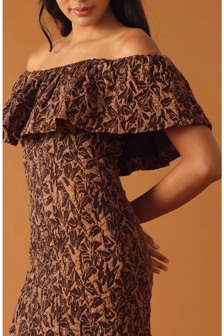 Off the Shoulder Ruffle Short Sleeve Minidress, Alternate, color, BROWN