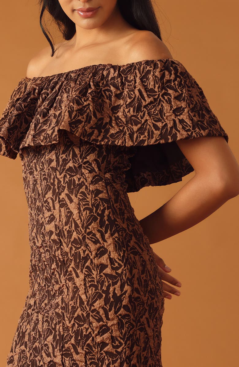 FLYING TOMATO Off the Shoulder Ruffle Short Sleeve Minidress, Alternate, color, Brown